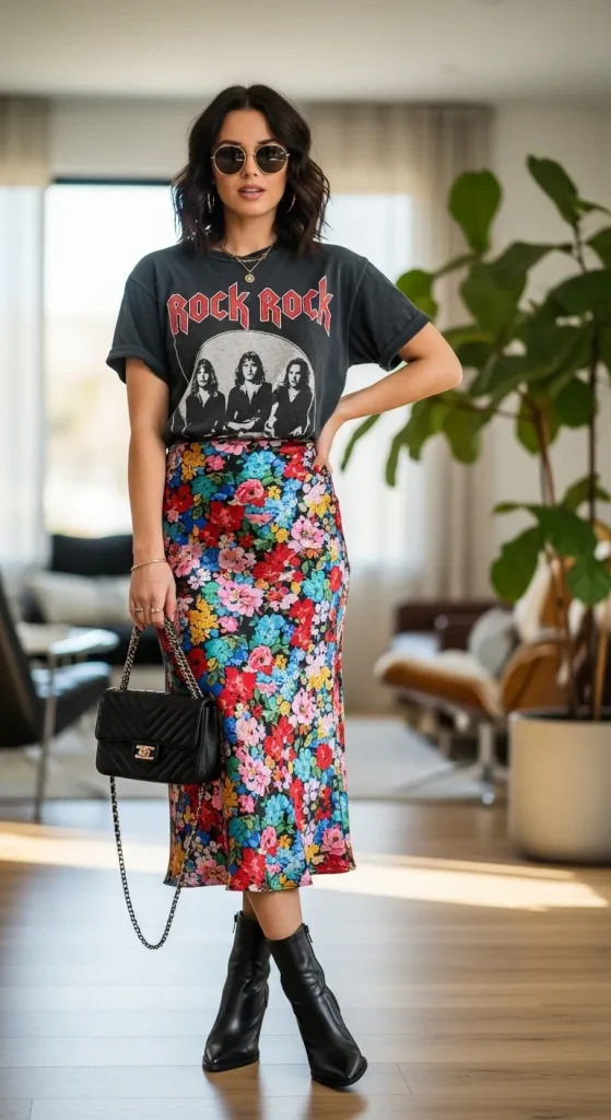 Graphic T Shirt with Printed Slip Skirt and Ankle Boots 1