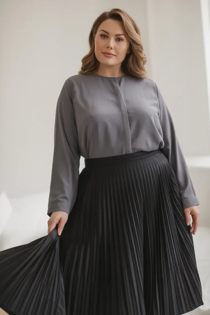 Gray Blouse with Black Pleated Skirt