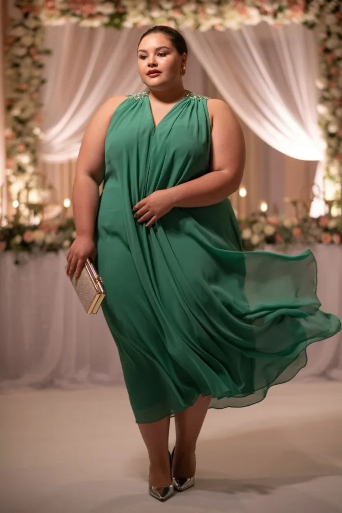 Green Chiffon Dress with Clutch and Pointed Heels