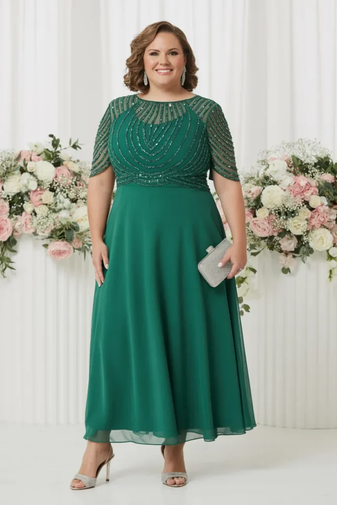 Green Half Sleeve Beaded Plus Size Dress