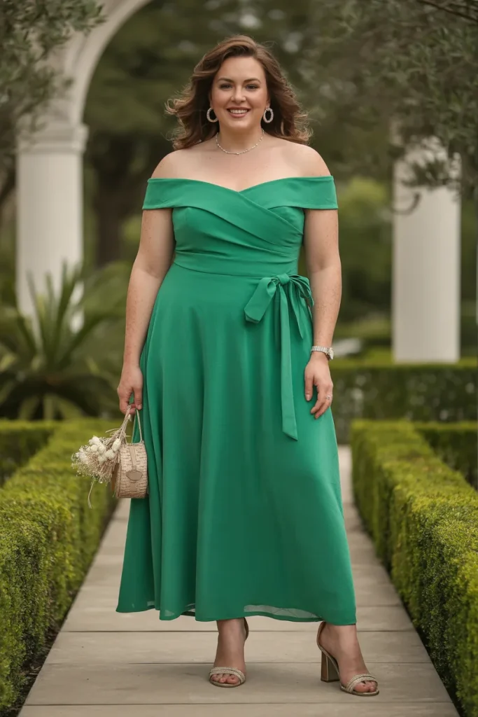 Green Off Shoulder Dress with Open Toe Heel Sandals