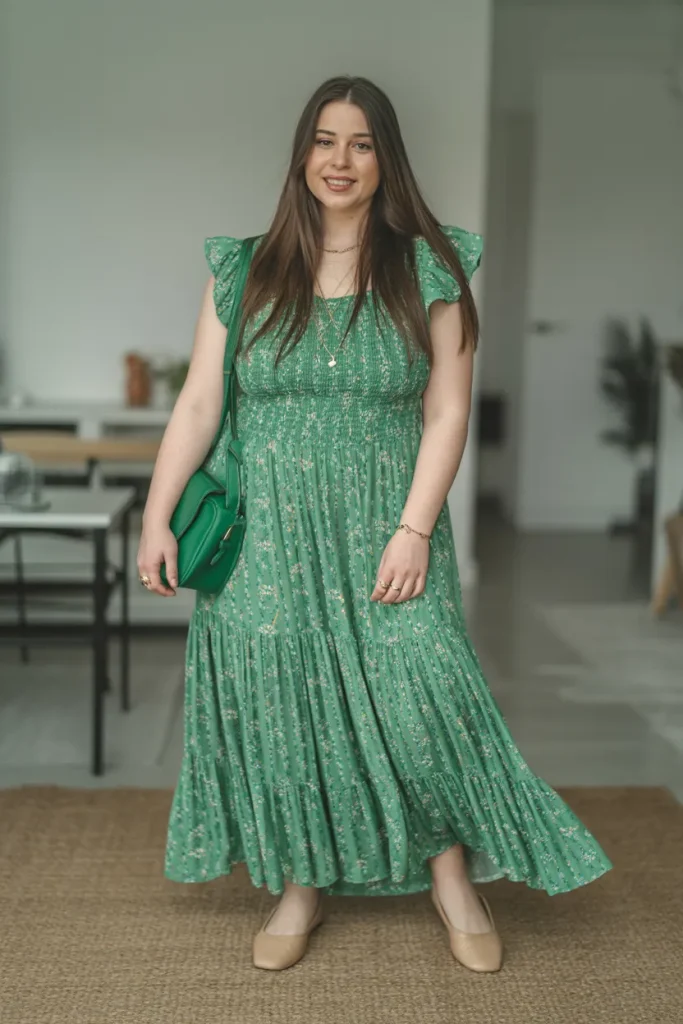Green Ruffled Boho Maxi Dress with Floral Prints Beige Flats Green Crossbody Bag