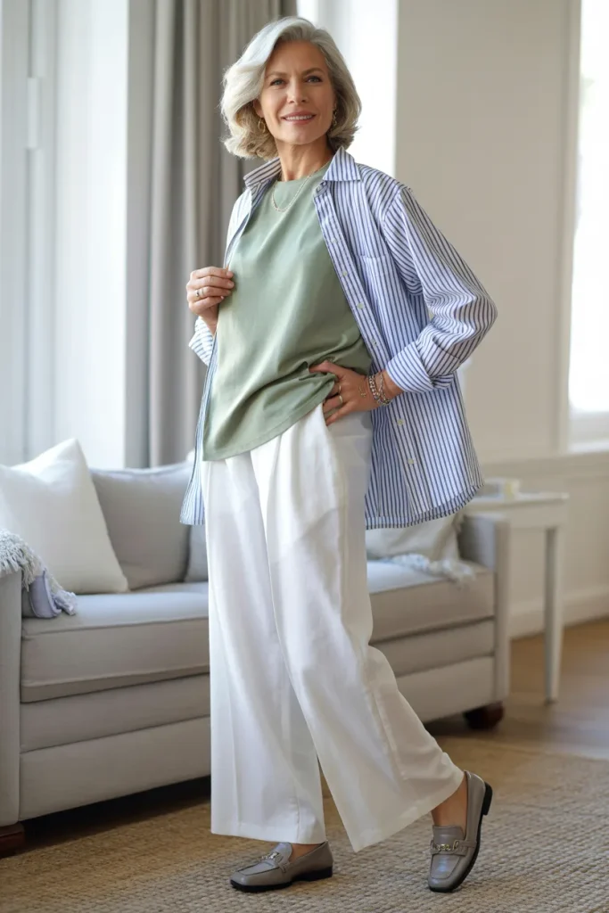 Green Top with White Loose Pants Over Stripe Button Down Shirt