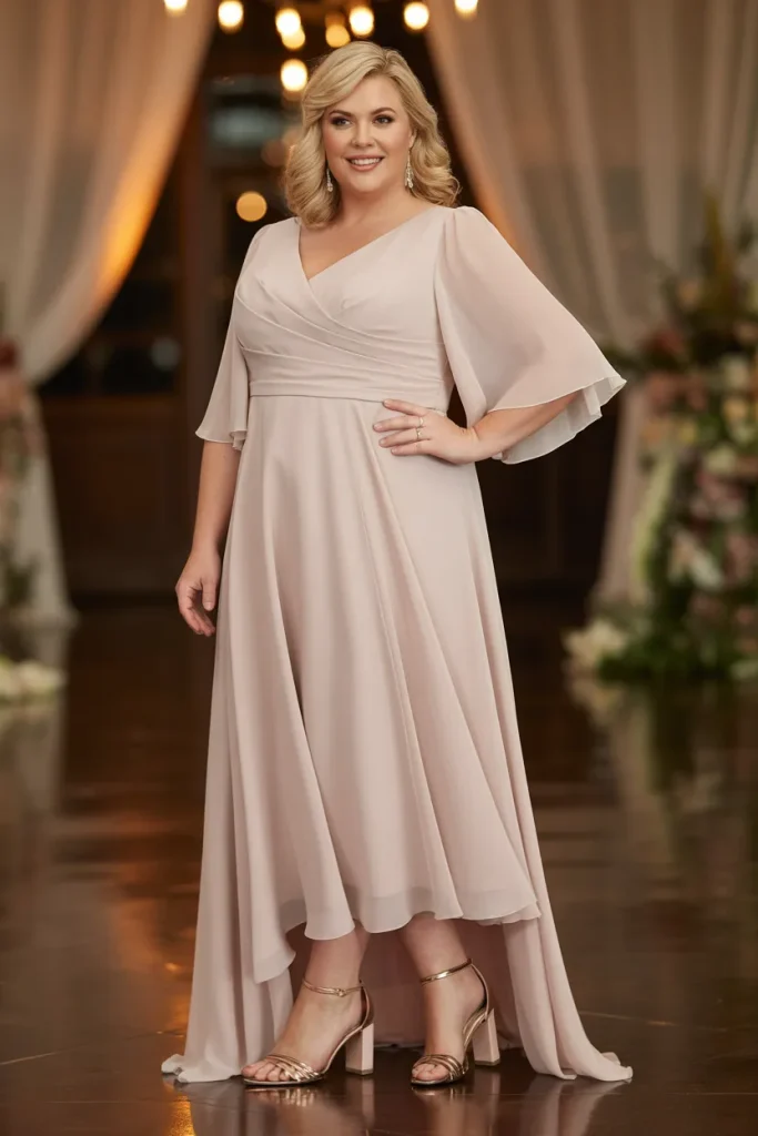 Half Sleeve Floor Length Chiffon Dress with Ankle Strap Heels