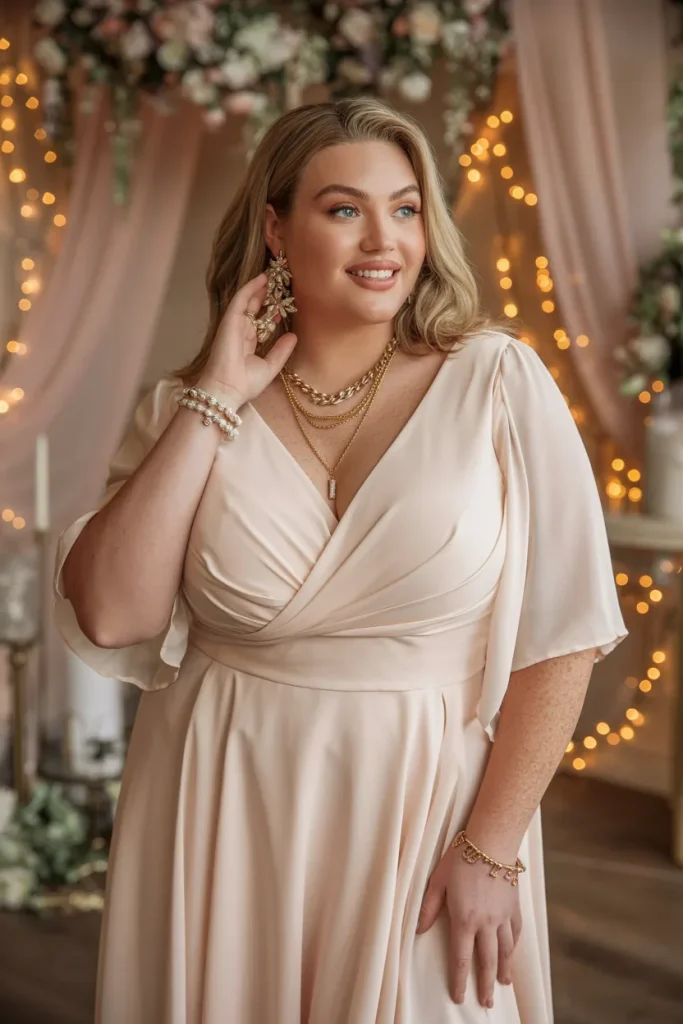 Half Sleeve Floor Length Chiffon Dress with Gold Jewelry