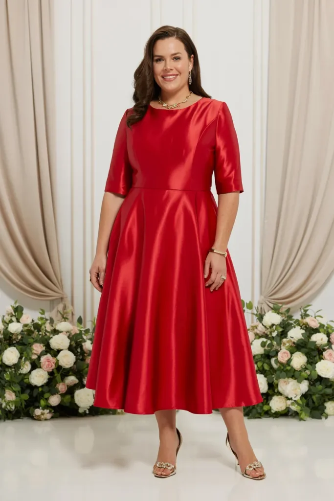 Half Sleeve Silk Red A Line Dress