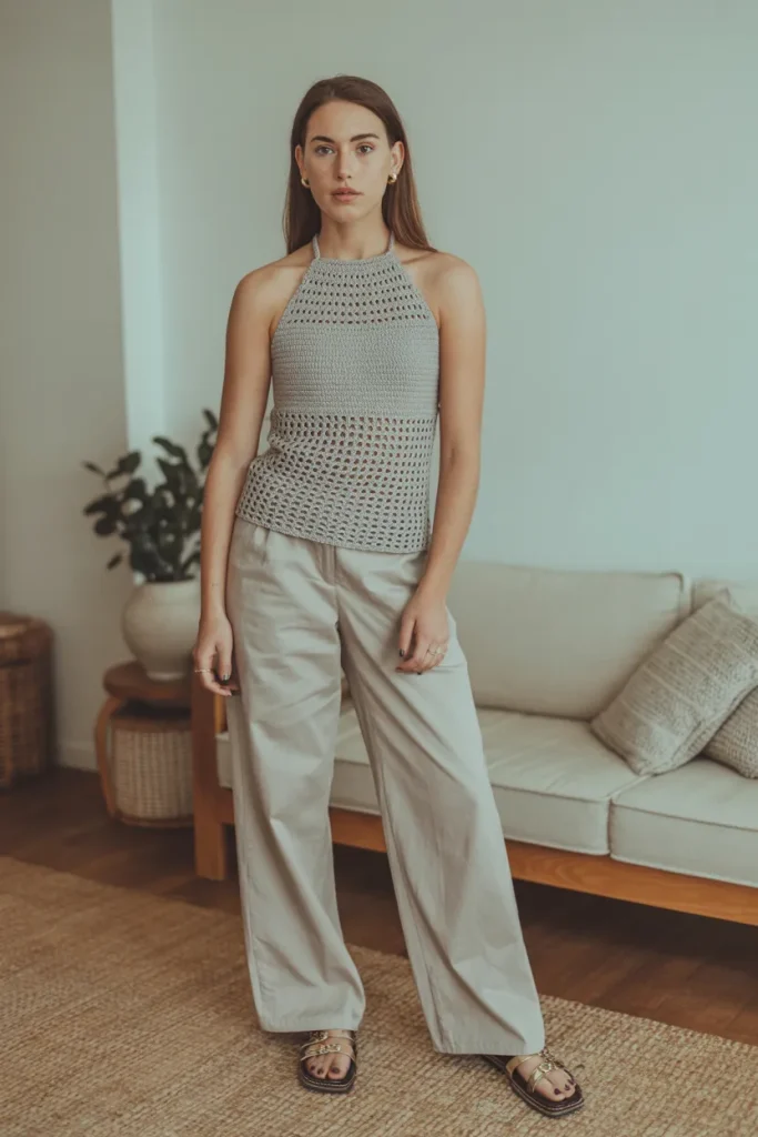 Halter Neck Crochet Top with Trousers