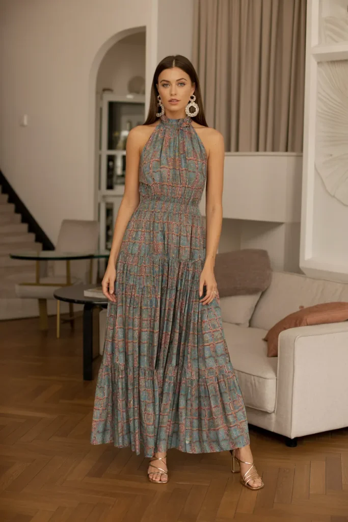 Halter Neck Long Printed Dress with Strappy Heels