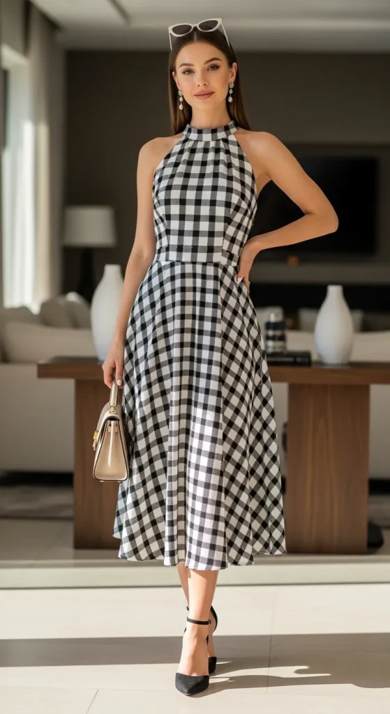 Halter Neck Midi Checks Dress with Ankle Pumps 1
