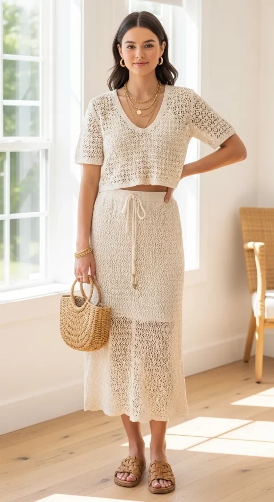 Ivory Crochet Top Skirt Set