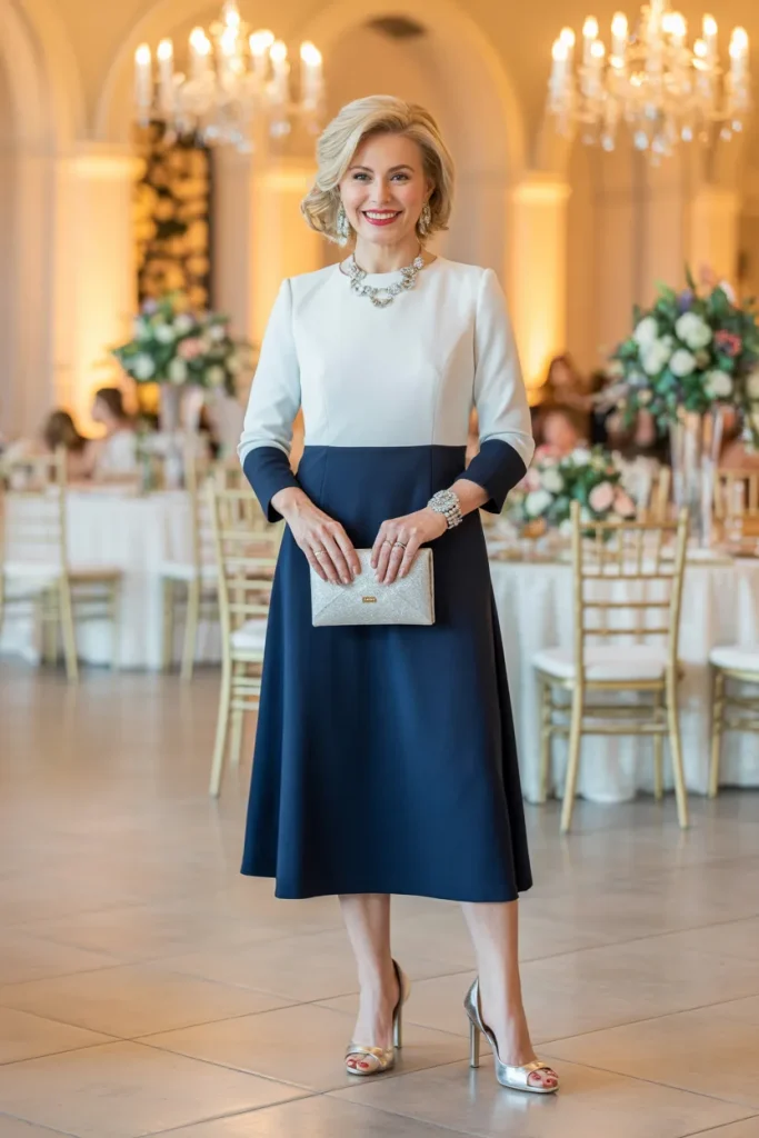 Ivory Navy Color Block Midi