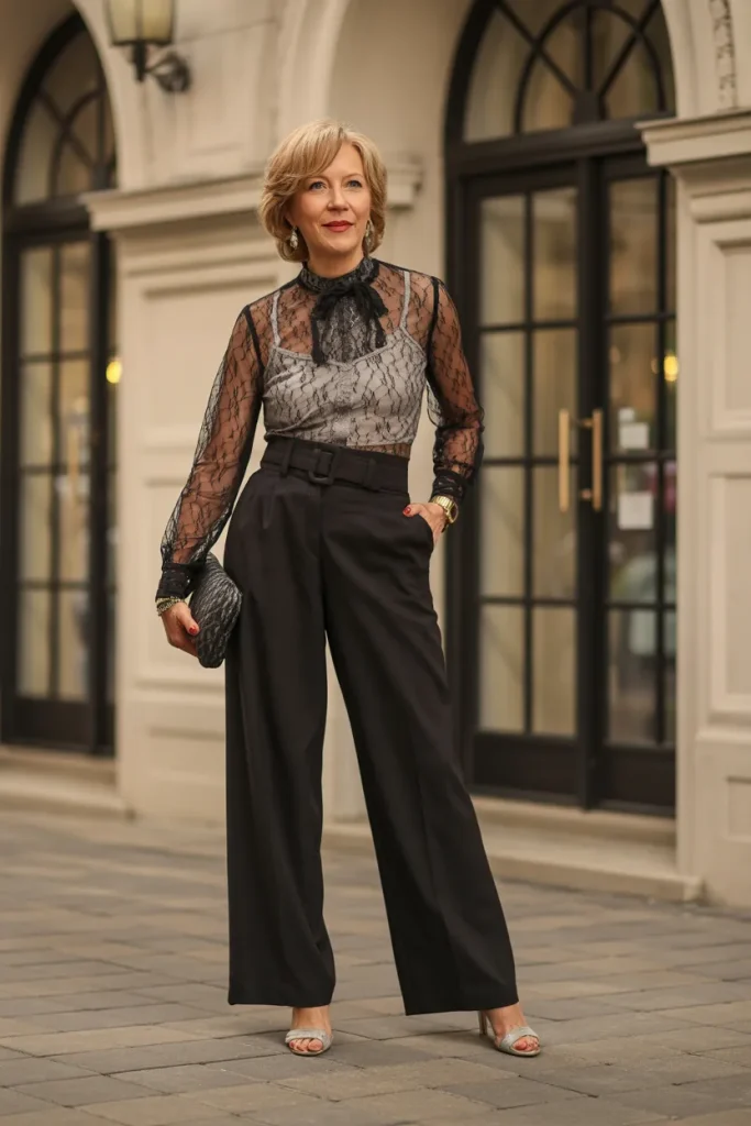 24 Dinner Night Outfits for Women Over 50 with Style modern chic 8 Lace Net Blouse with High Waist Black Pants