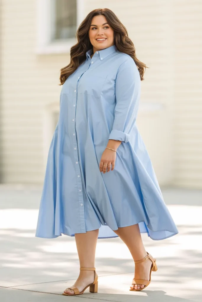 Light Blue Button Down Dress with Tan Sandals