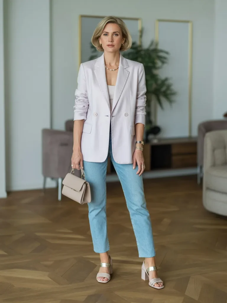 Lightweight Blazer with Jeans and Block Heels