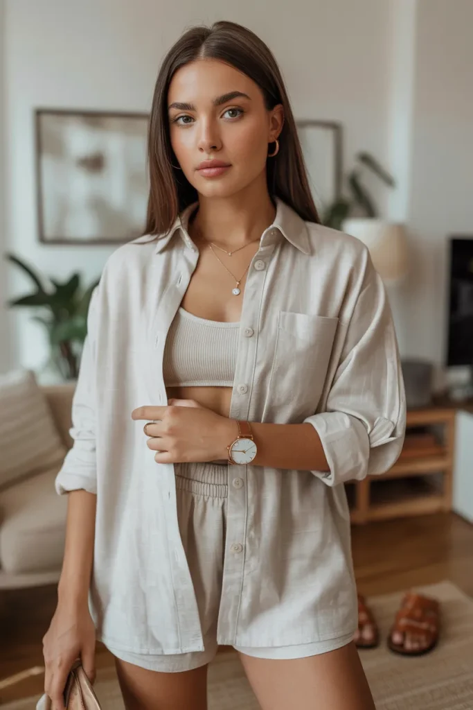 Linen Button Down Soft Pull On Shorts