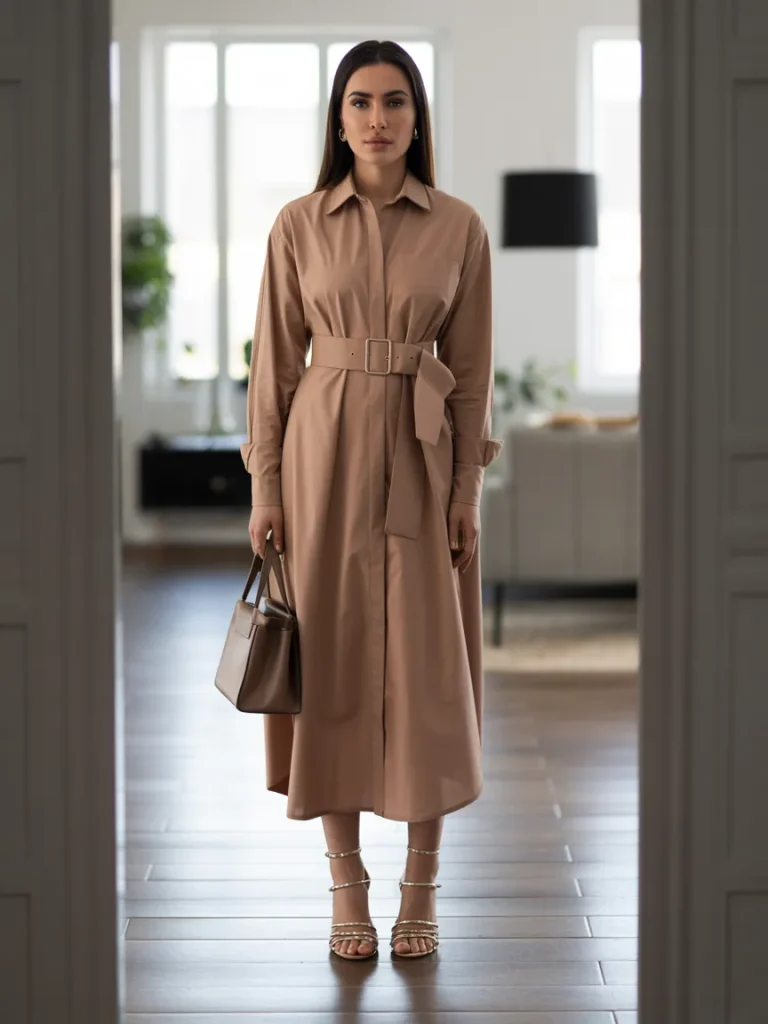 Long Belted Shirt Dress with Strappy Heels
