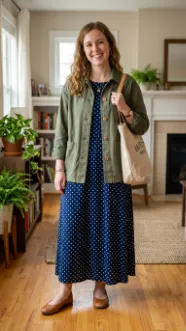 Long Polka Dot Dress Over Shacket and Flats