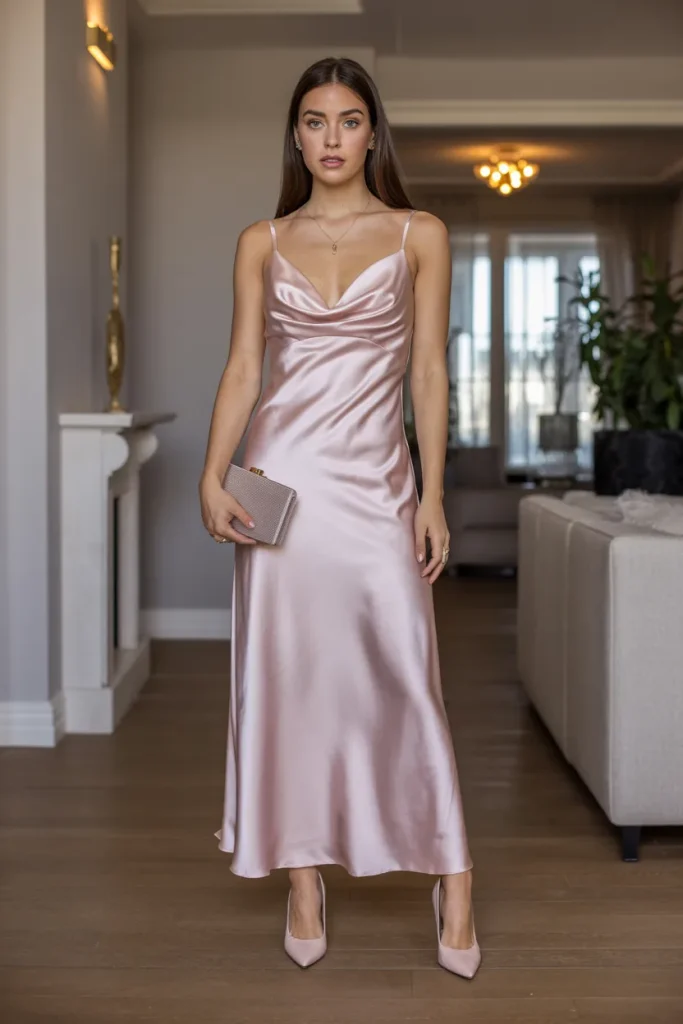 Long Satin Dresses with Clutch for Spring Outfit
