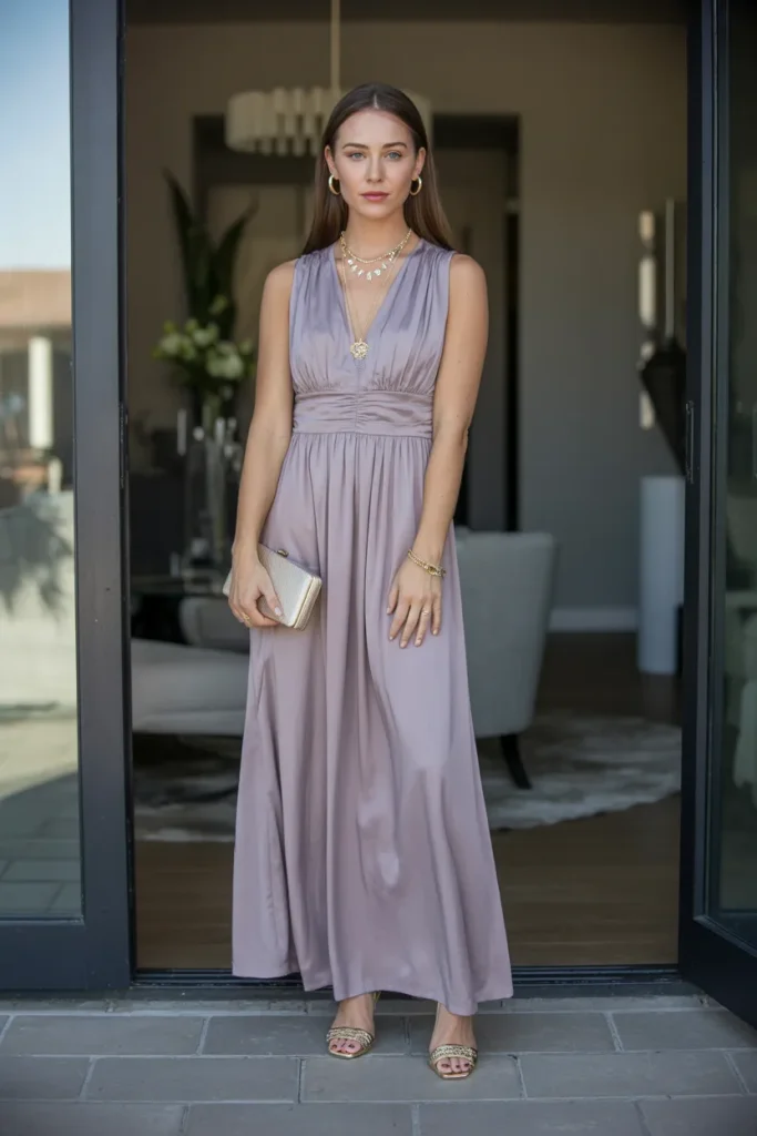 Long V Neck Dress with Elegant Jewelry