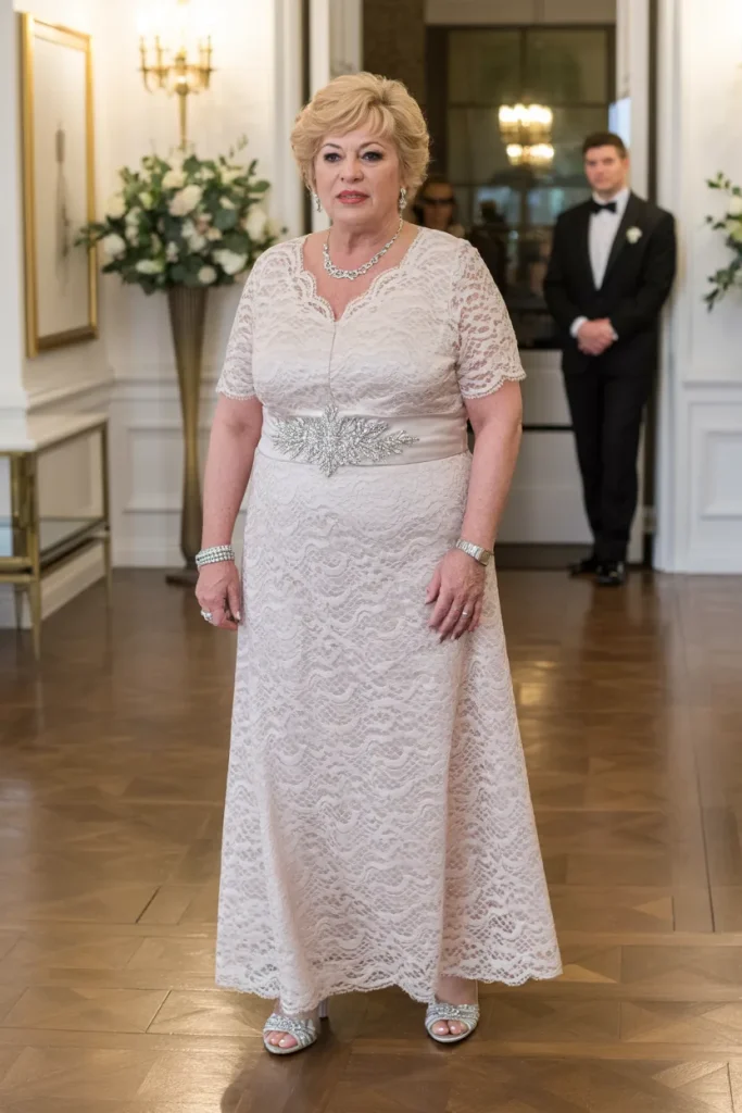 Long White Lace Dress with Silver Jewelry and Heels