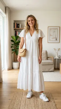 Long White Maxi Dress with Sneakers