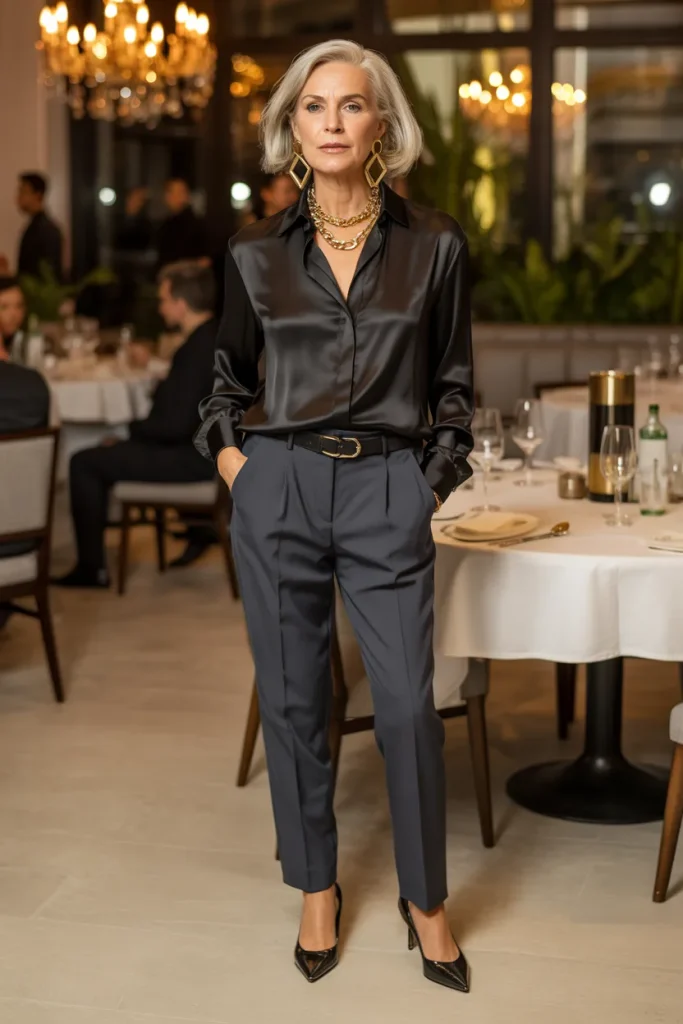 24 Dinner Night Outfits for Women Over 50 with Style modern chic 14 Loose Black Top with Dress Pants