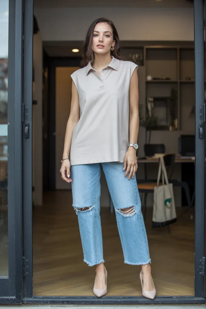 Loose Sleeveless Polo T Shirt with Distressed Jeans