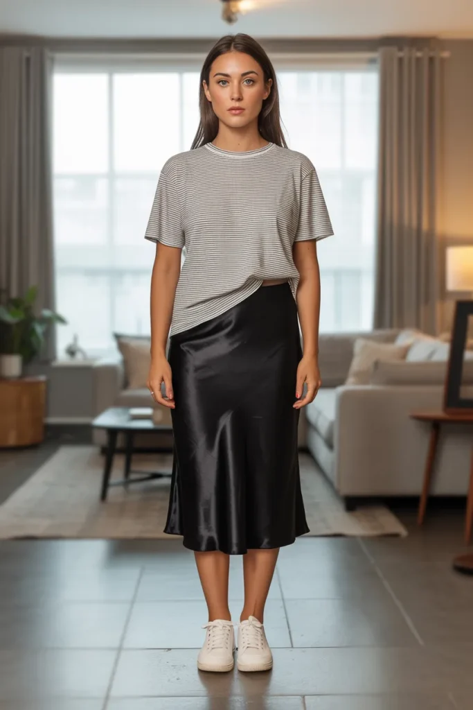 Loose Stripe T Shirt with Black Slip Skirt and Sneaker