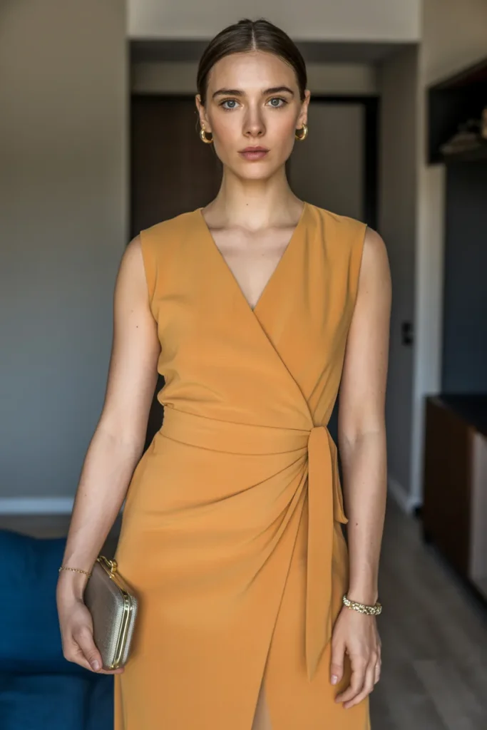 Mangos Solid Color V Neck Wrap Dress