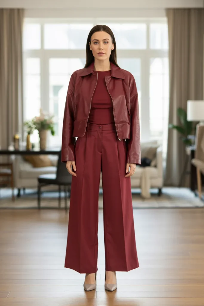 Maroon Top with Wide Leg Trouser Over Cropped Jacket with Pumps