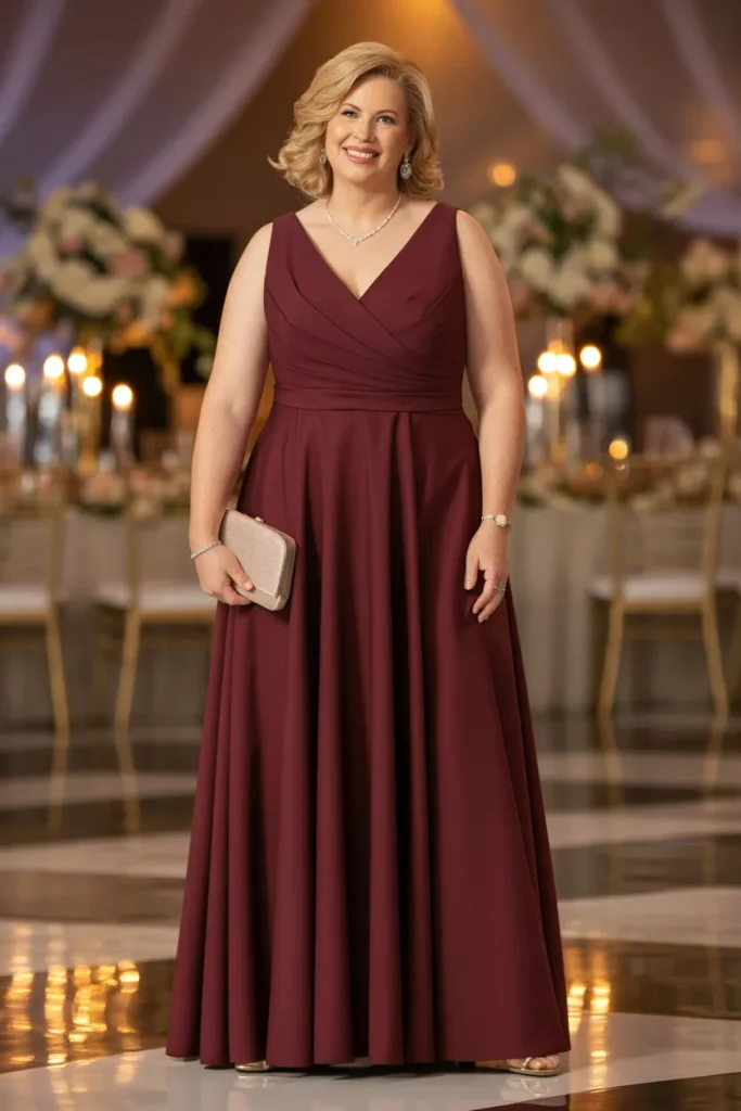 Maroon V Neck Long Wedding Dress with Accessories