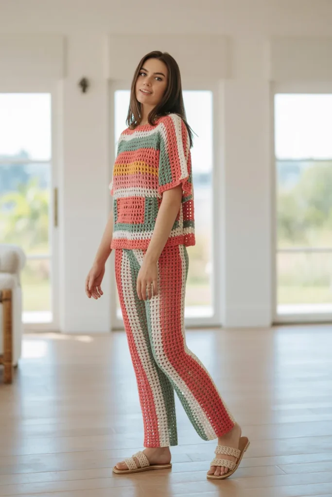 Matching Multi Color Crochet Top with Pants