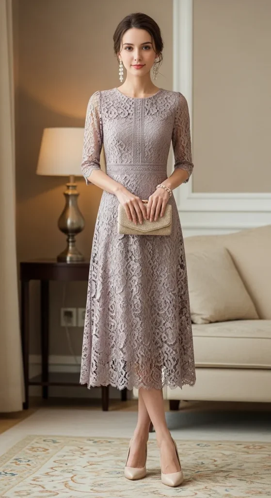 Midi Lace Dress with Clutch and Pumps