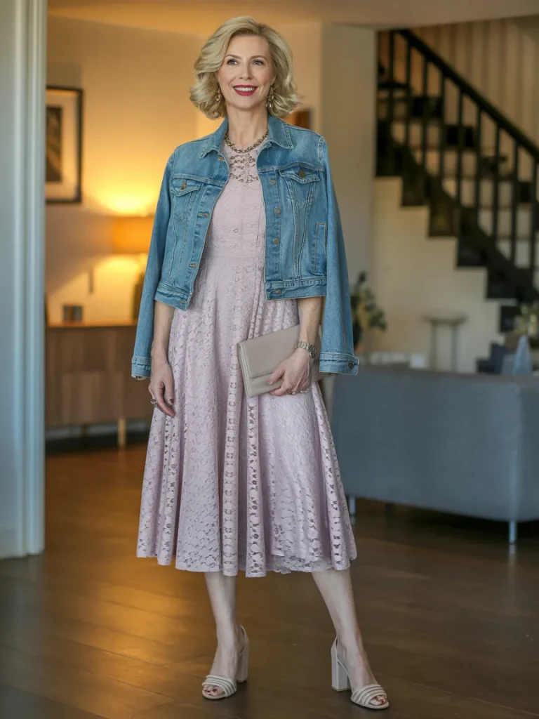 Midi Lace Dress with Denim Jacket