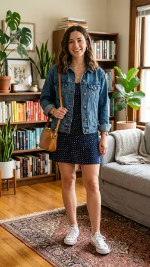 Mini Polka Dot Dress Over Denim Jacket and Sneakers