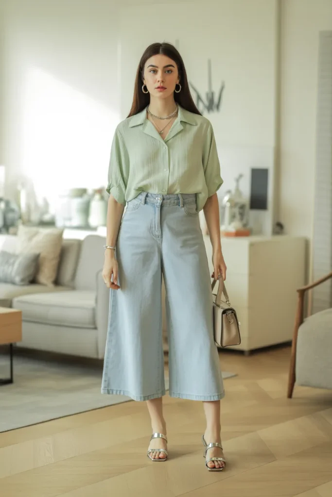 Mint Green Blouse & Light Denim Culottes