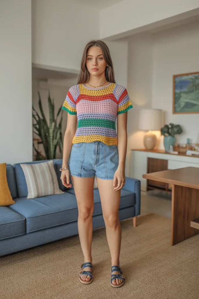 Multi Color Crochet Top with Denim Shorts and Sandals