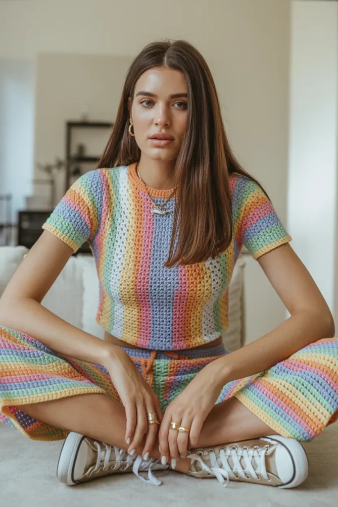 Multi Color Crochet Top with Matching Pants and Sneakers