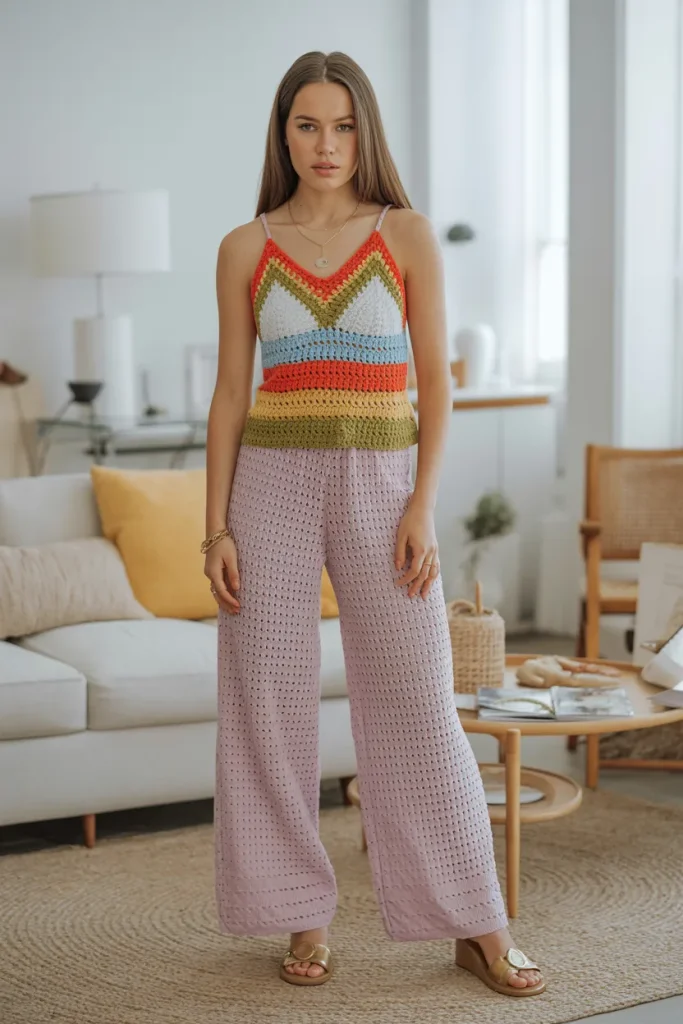 Multi Color Crochet Top with Wide Leg Pants