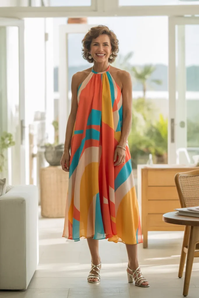 Multi Color Halter Neck Midi Dress