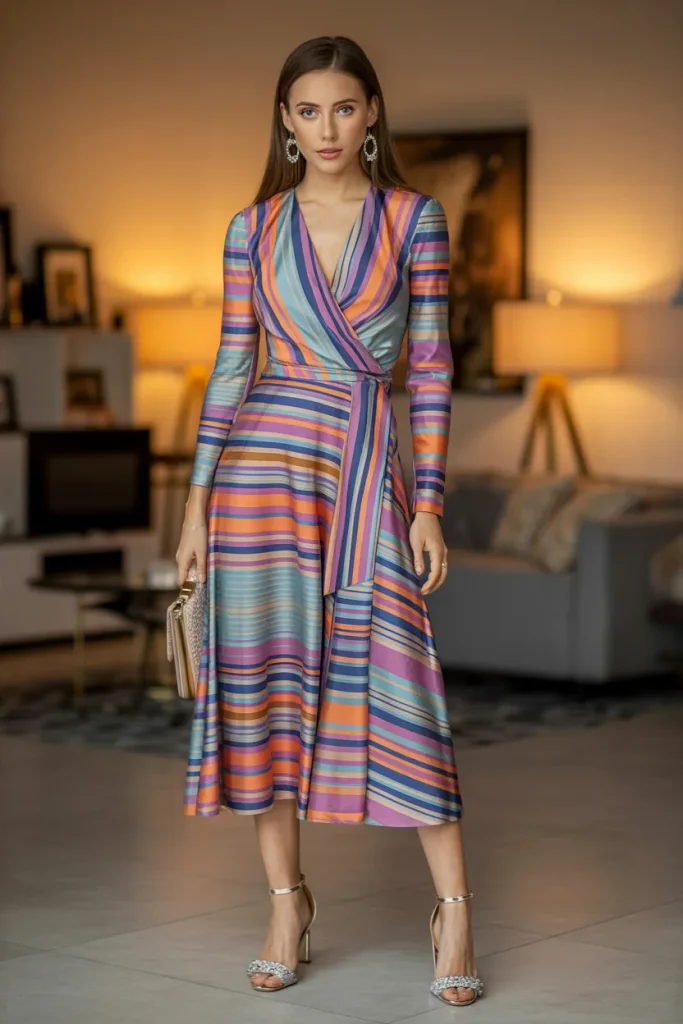 Multi Color Midi Wrap Dress with Ankle Heels