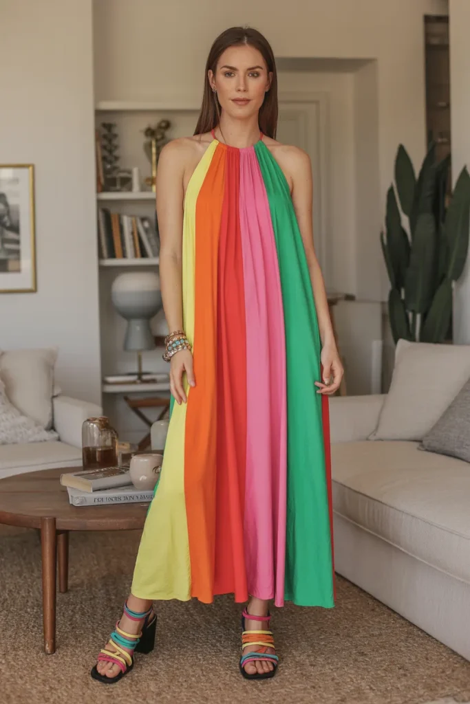 Multicolor Halter Neck Long Dress with Strappy Sandals
