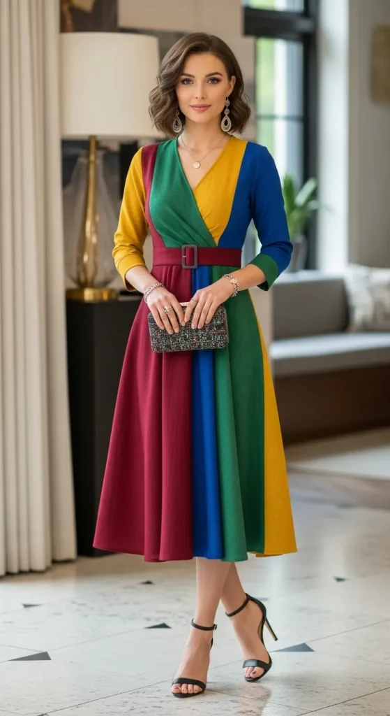 Multicolor Midi Dress with Ankle Heels