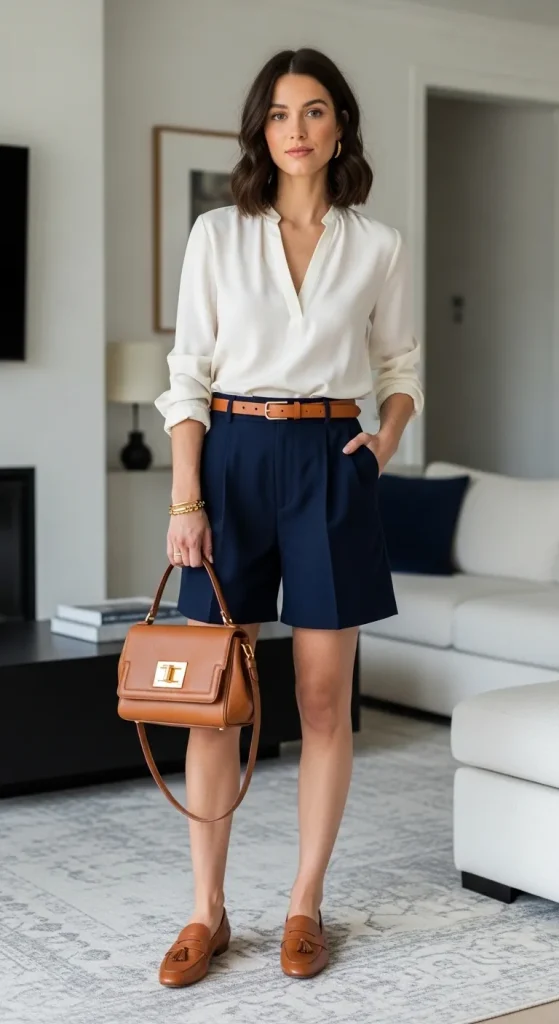 Navy Tailored Shorts Silk Blouse