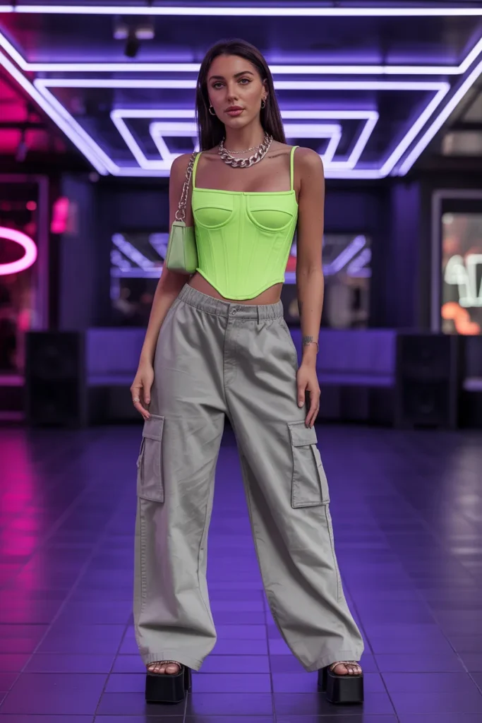 Neon Corset Low Rise Cargo Pants