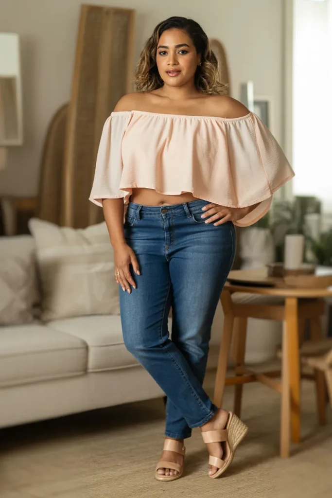Off Shoulder Layered Crop Top with Fitted Jeans