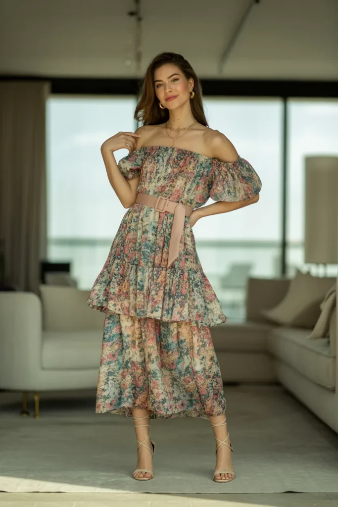 Off Shoulder Long Belted Tiered Printed Dress with Strappy Heels