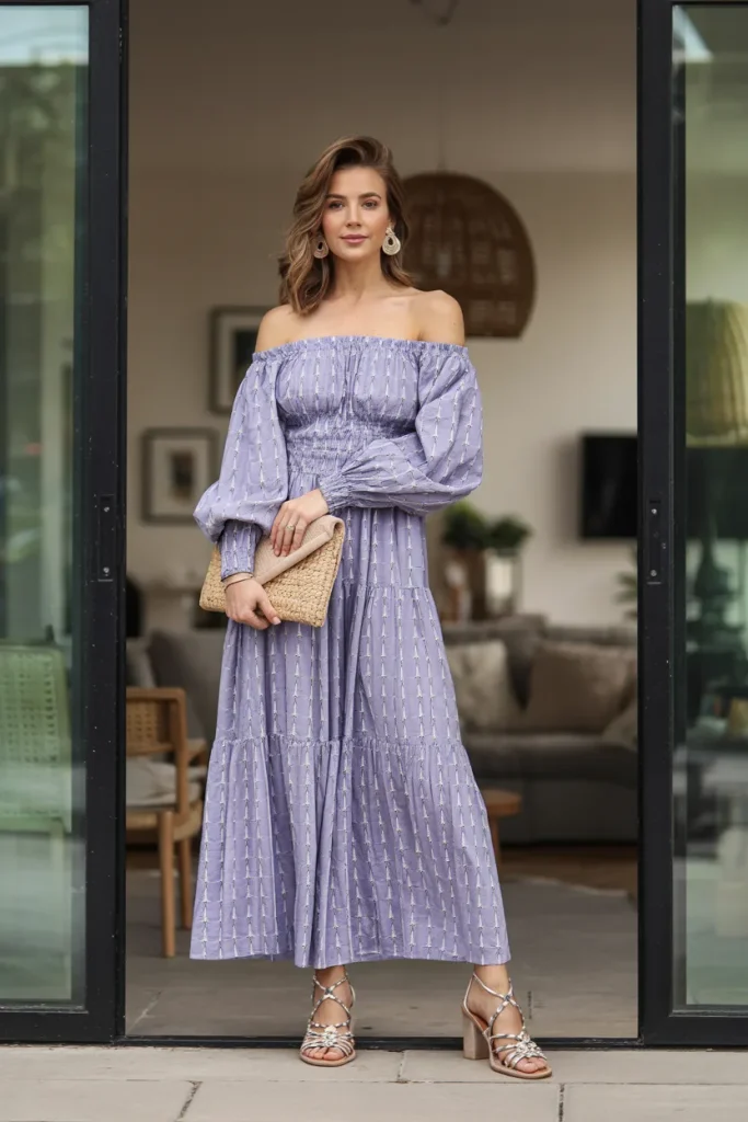 Off Shoulder Long Printed Dress with Strappy Sandals