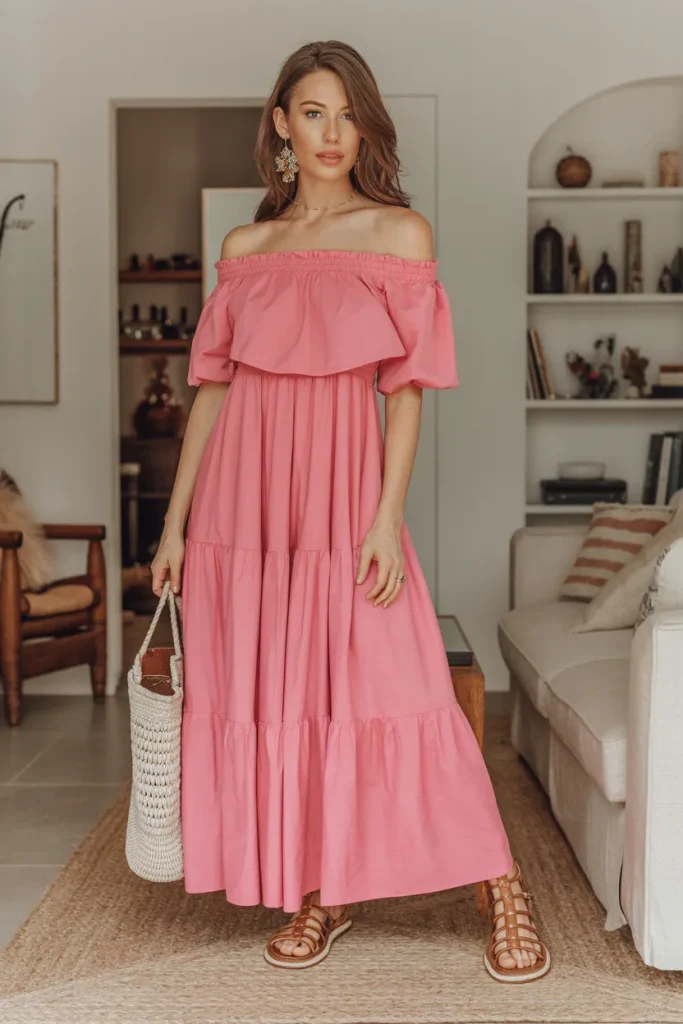 Off Shoulder Long Tiered Dress with Gladiator Sandal
