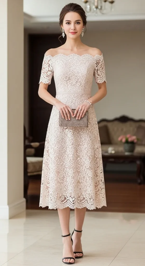 Off Shoulder Midi Lace Dress with Ankle Heels and Clutch